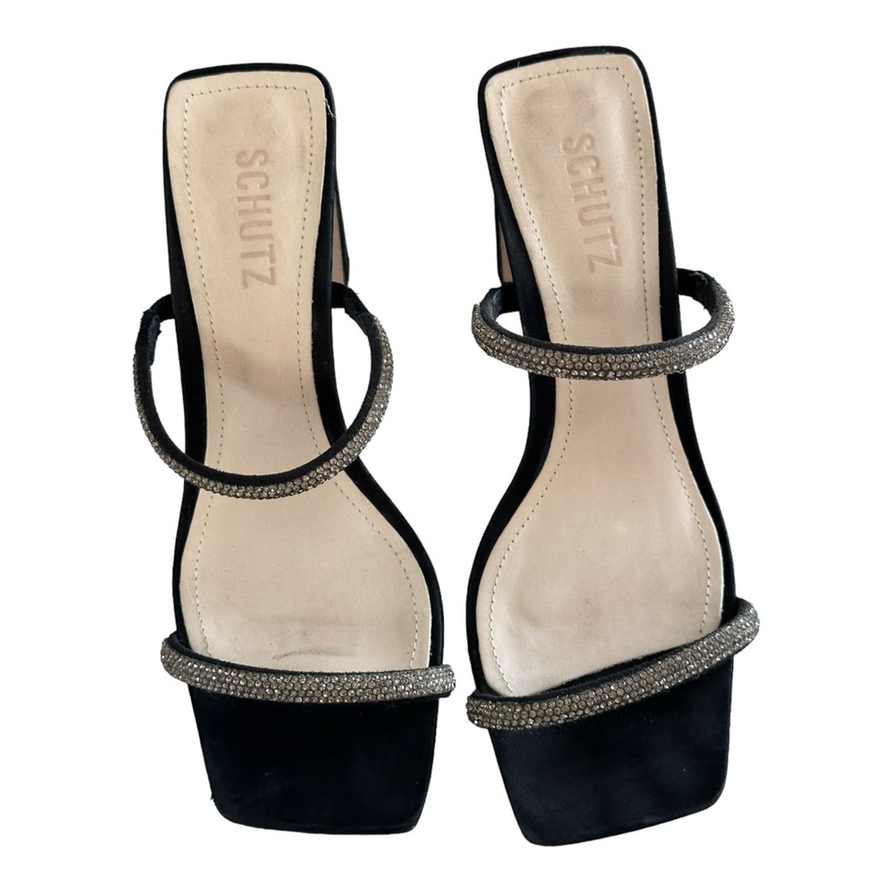 Schutz Womens Black Rhinestone Salwa Square Toe Block Heel Slip On Sandal Size 7 - Picture 2 of 11